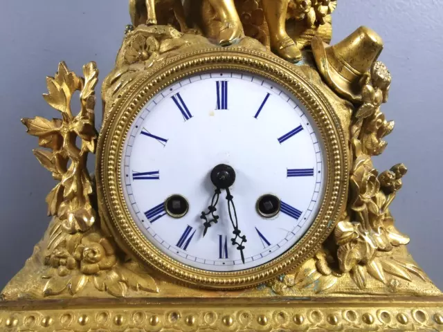PENDULE Mecanique ancienne BRONZE Dore XIXe Horloge ENFANT ET CHIEN Balancier Z1 3