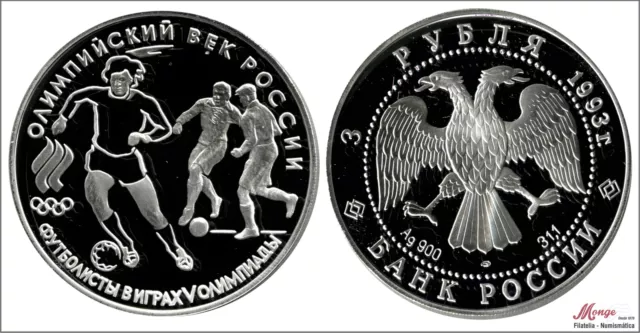 Russia 3 Rubles 1993/Olimpiada-Futbol/34,88 Gr.plata/IN Capsule Proof