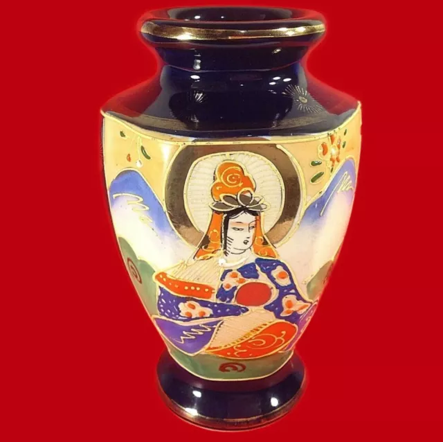 Asian Vase Hand Painted Cobalt Blue W/Gold Designs 7" Hotta Yu Shoten Pottery