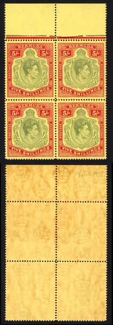 Bermuda SG118b 5/- Line Perf 14.25 U/M Block Cat 1100+ pounds