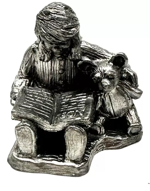 Michael Ricker Pewter Girl Teddy Bear Reading Noel RB VTG 7444 Christmas Figure