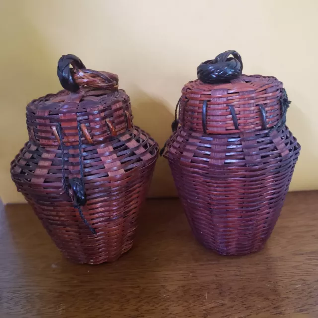 Mini Handwoven urn style Basket with attached loop lock for lid.  Lot of 2.