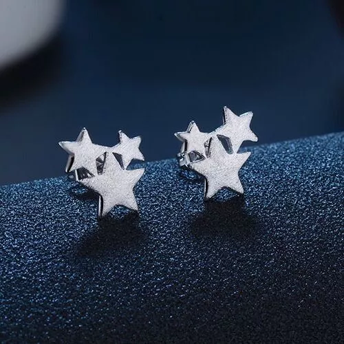 925 Sterling Silver Triple Star Linked Stud Earrings Women Girls Jewellery Gift