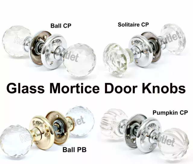 Glass Mortice Door Knobs Handle Solitaire or Ball - Chrome or Brass ZQ