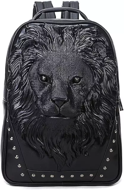 3D Animal Head Backpack, Studded PU Leather Cool Laptop Backpack Lion-black