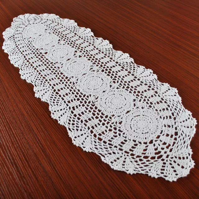 White Vintage Lace Table Runner Hand Crochet Dresser Scarf Oval Wedding 11"x35"