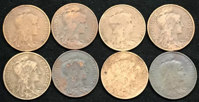 (8) 1906 -1915 France 10 Centimes Lady Liberty Bronze Coin Paris Mint 2