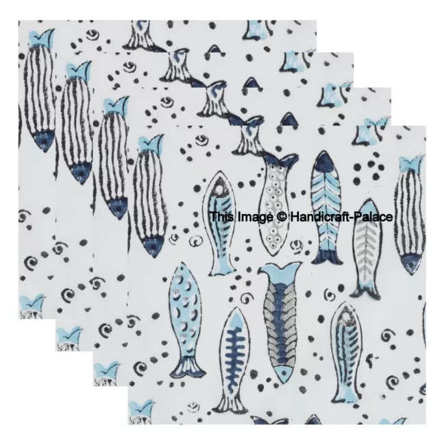 Set 48 Pcs Indian Hand Block 100% Cotton Blue Fish Printed Voile Fabric Napkins