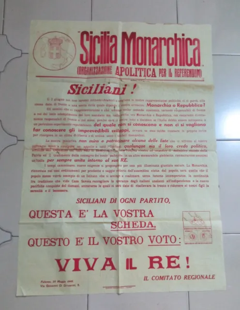 Manifesto Propaganda SICILIA MONARCHICA Anti Repubblica - Palermo 1946