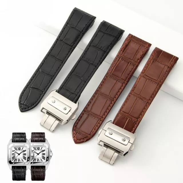 Genuine Leather Calf Watch Band Strap20 23mm Deployment Clasp Fit CARTIER Santos