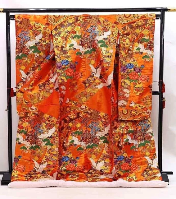 Japanese Kimono Uchikake Luxurious Wedding Embroidery Pure Silk Crane OrangeK326