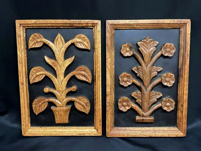 Set Of 2Carved Wood Floral Wall Décor Pictures Wall Art Brown Boho