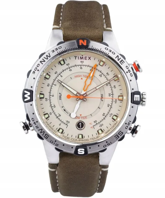 Timex Men's Tide Temp Compass Beige dial Green leather strap TW2V49000