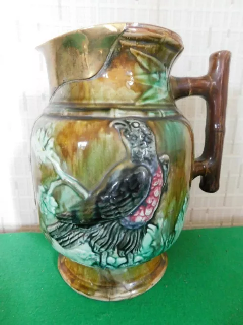 Antique Original Large Majolica Jug Thomas Forester Bird Design - Repired