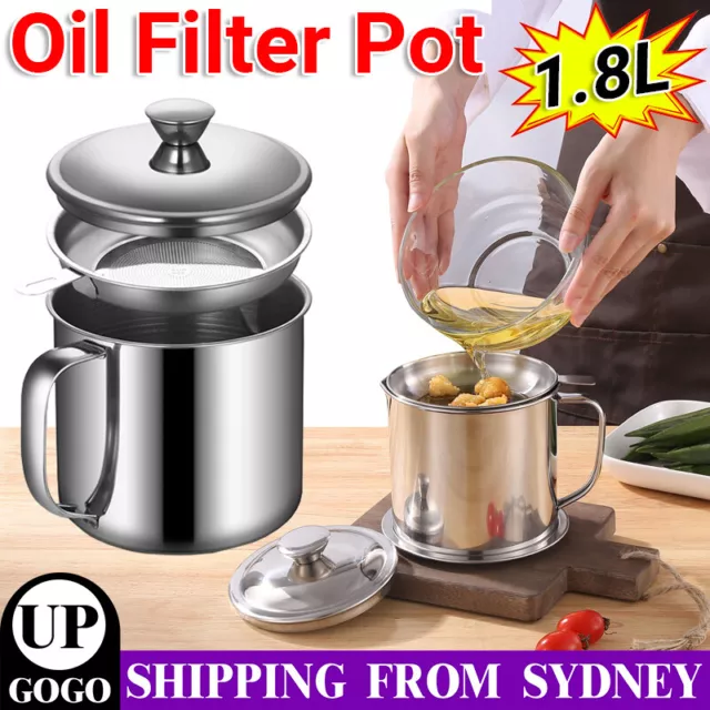 1.8L Stainless Steel Oil Filter Pot Cooking Soup Grease Strainer Separator Home