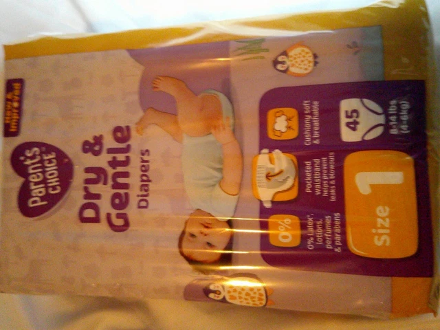 Parent's Choice Dry & Gentle Diapers Size One 45 Count Umbilical Shaped