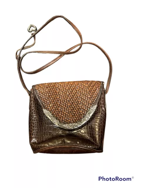 Brighton Vintage Brown Croc Embossed Leather Bucket Crossbody Handbag Purse