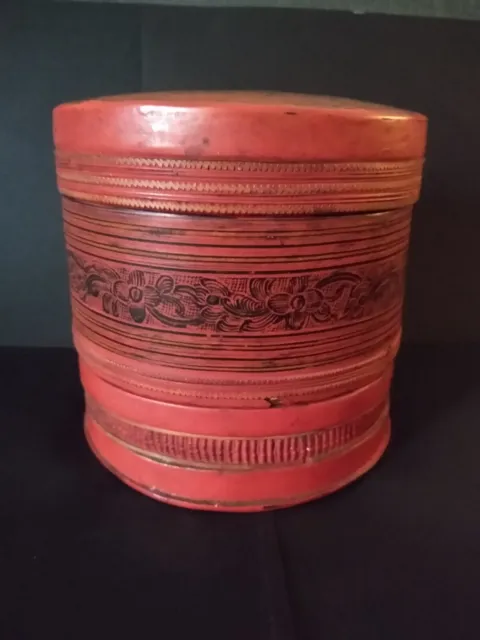 Antique Burmese Asian Deep Orange Lacquer Betel Nut Box