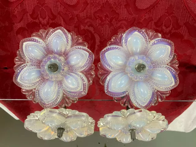 2 Antique Opalescent Glass Rosette Flower Curtain Tie Backs Sandwich Glass EAPG