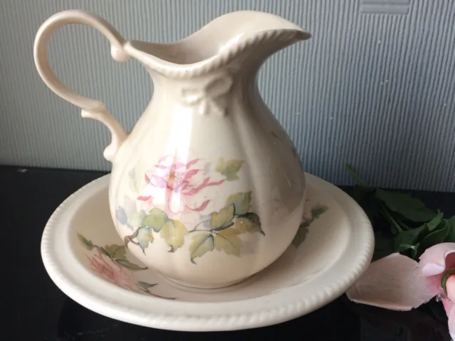 Small Jug & Wash Bowl Set Beige Ceramic Flowers Pitcher & Wash Basin 600ml