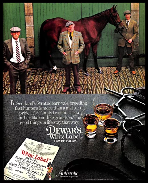 1982 Dewars White Label Whisky Vintage PRINT AD Scotland Family Father Son Horse