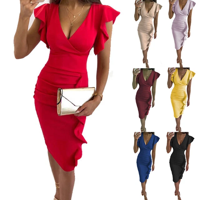 Femmes Floral Col V Robe Femmes Soirée Fête Cocktail Moulant *