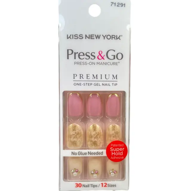 NEW Kiss Nails Impress Press On Manicure Short Gel Pink Cream Gold Foil Gems