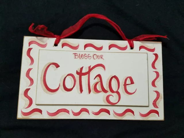Bless Our Cottage Wood Sign Hand Painted 9" x 5.5" Red and White Wall Decor Plaq