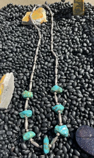 Vintage Old Pawn Navajo Sterling Melon bead Turquoise nugget necklace💙25”