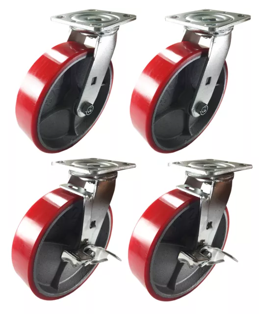 4 Swivel Casters 8" Heavy Duty Cast Iron Hub Non Skid Mark Wheels 2 Swivel Brake