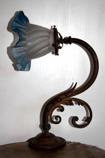Ancienne Applique Lampe Bec Gaz Bronze Art Nouveau 19e pâte de verre bleu