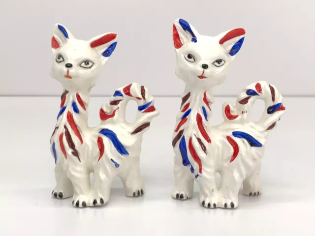 Pair Vtg Japan Long Neck Ceramic Hand Painted Red White Blue 3.75" Cats Figurine