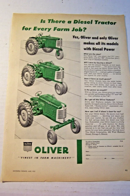 Vintage Oliver Tractors Color Magazine Ad- 1952 -