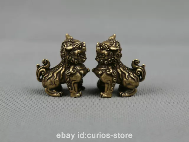 1.3" Collect Chinese Bronze Fengshui Animal Foo Fu Dog Guardion Lion Statue Pair