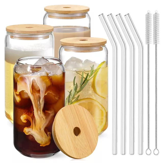 4Pcs Personalised Glass Smoothie Iced Coffee Cup With Glass Straw And Bamboo Lid