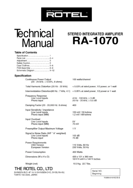 Service Manuel D'Instructions pour Rotel RA-1070