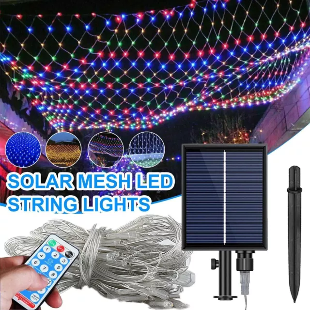 Remote+ Solar LED Fairy String Net Lights Curtain Mesh Xmas Party Garden Outdoor