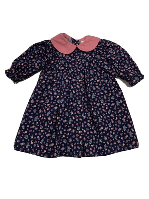 Vintage Alexis Baby Dress W/ Assorted Fruit/flowers 3 Mos Navy Blue And Pink~~A2