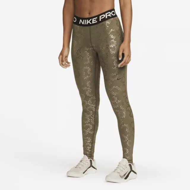 Nike Pro Mid-Rise Leggings Allover Print DQ6228-222 Green Large