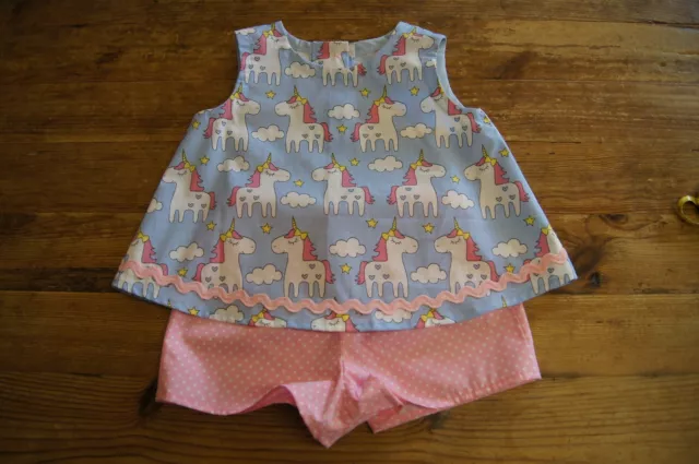 Handmade girls vintage retro romany top shorts set age 2 blue unicorn pink spot