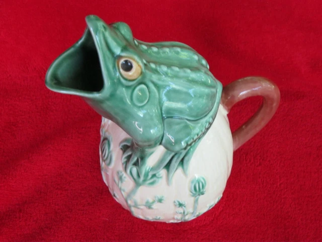 C-37 Bordallo Pinheiro Majolica Green Yellow Frog Mouth Water Pitcher