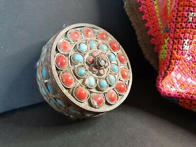 Old Tibetan Brass Vanity Box with Local Red and Turquoise Stones …beautiful acce