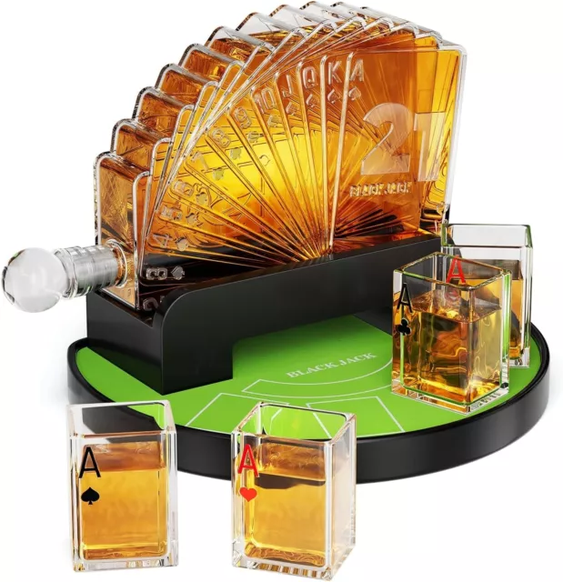 Blackjack Whiskey Liquor Decanter Set 37.2 Oz 4 Glasses Casino Poker With Stand