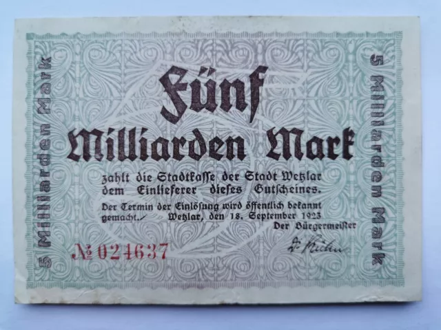 Notgeldschein Wetzlar , 5 Milliarden Mark, 18.09.1923, selten.