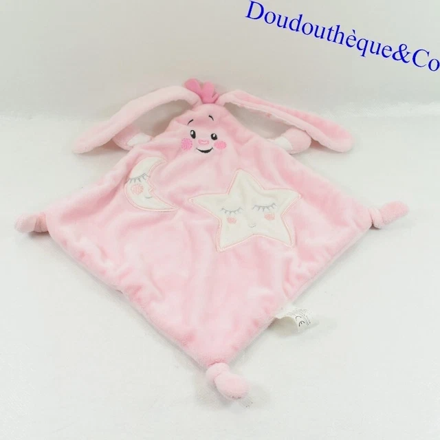 Doudou plat lapin AUCHAN rose blanc losange étoile et lune 30 cm (VA)