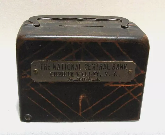 WORKS w KEY 1890s PROMO THE NATIONAL CENTRAL BANK CHERRY VALLEY, N.Y. COIN BANK