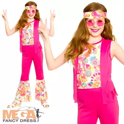 Groovy Hippie Girls Fancy Dress Retro 1960s 70s Funky Peace Kids Childs Costume