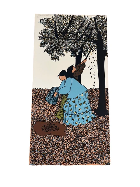 Cherokee Virginia A. Stroud Lithograph Print Signed Women & Acorn Trees Chores