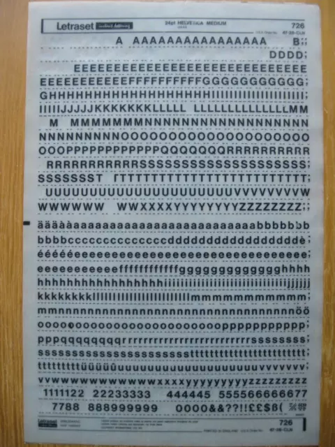 1 x Letraset Upp/Low/Num HELVETICA MEDIUM 24pt 6,5 mm Blatt 726 (bb)