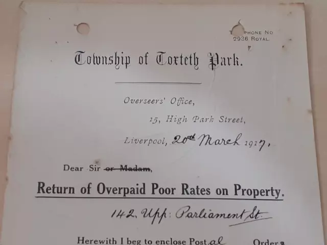 1917 Original Liverpool Township Toxteth Park Overpayment Of Poor Rates Letter